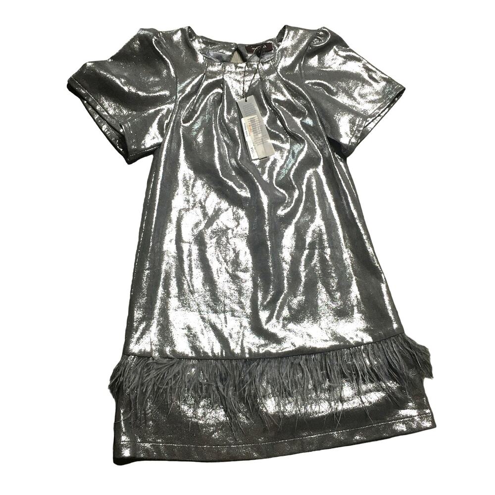 NWT Imoga Feather Trim Sparkle Silver Metallic Kamryn Girls Dress Size 7